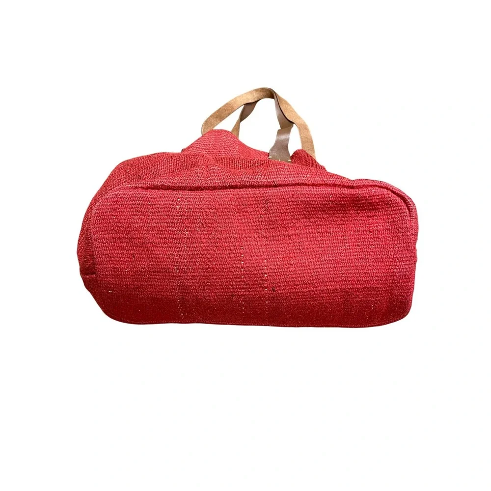 J JILL Jute Woven Leather Tote Bag Red Straw Tassel Boho Beach Summer Vacation